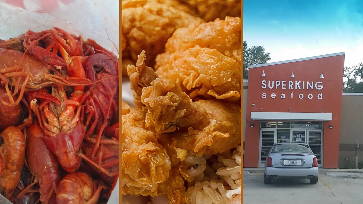 Fried seafood with sides in takeout containers.
