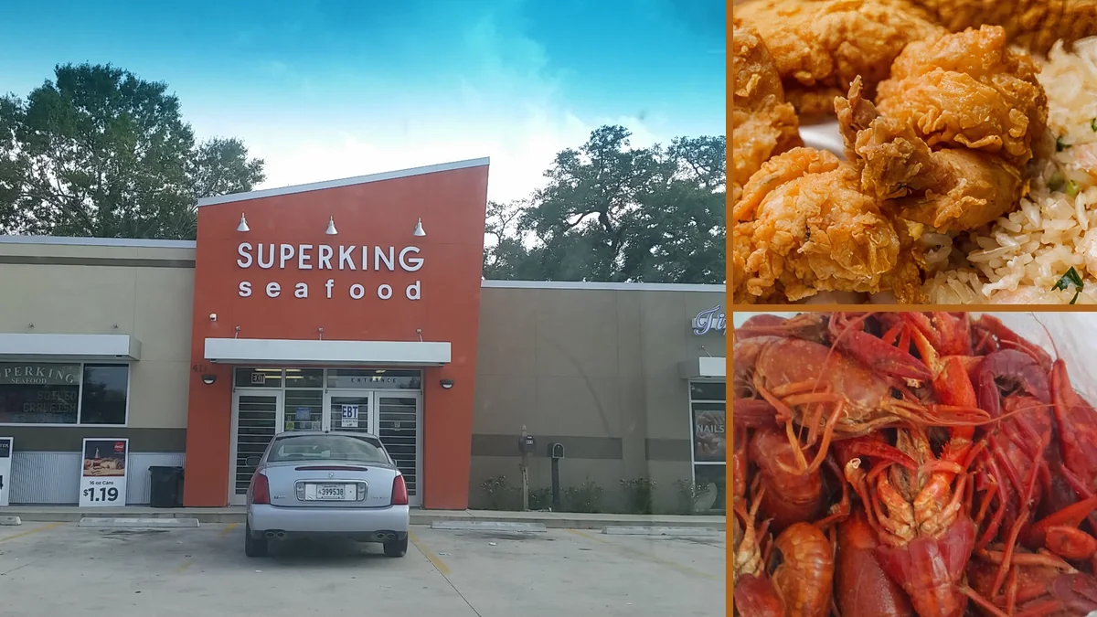 Fried seafood with sides in takeout containers.
